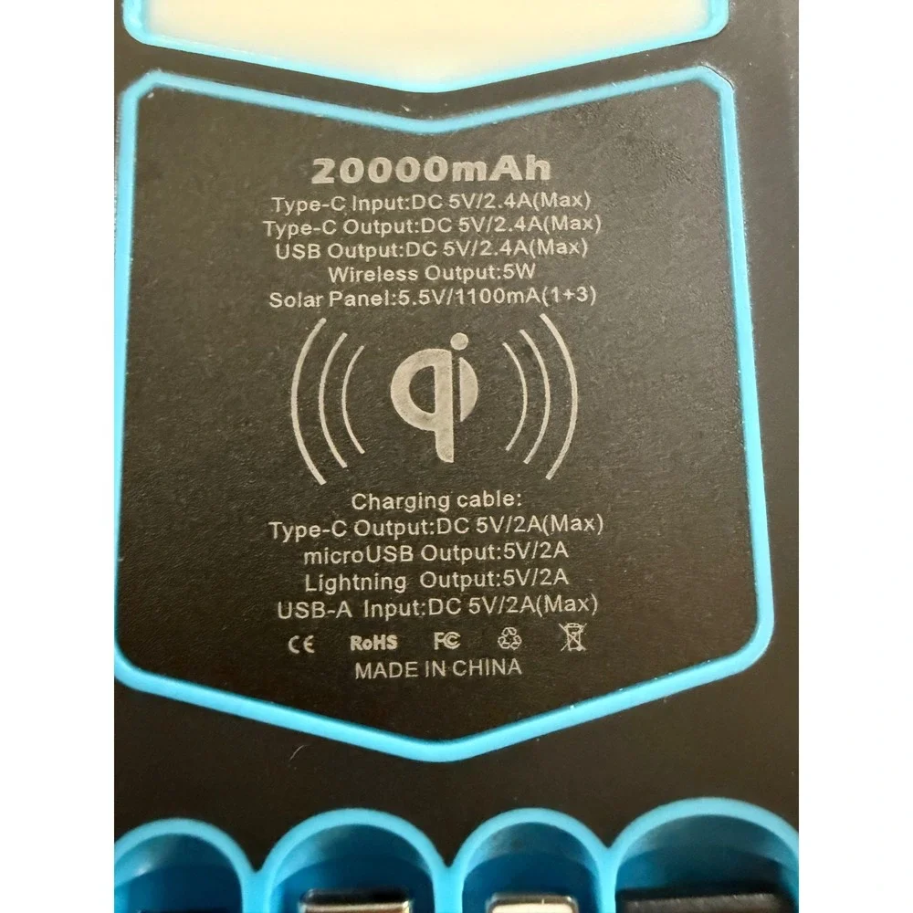 20000mAh Solar Power Bank Qi Wireless Charger Built-in Cables 4 Solar Panels